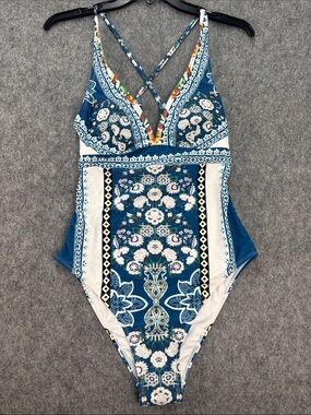 Blue Floral Lace-Up One Piece Swimsuit
